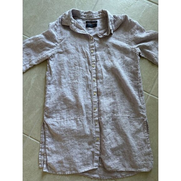 Tahari Linen Button Up Tunic Sz M Long Roll Tab Sleeves Lilac Lagenlook Coastal - Picture 4 of 10
